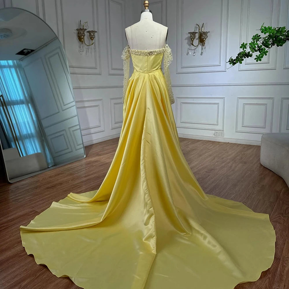 Elegant Yellow Mermaid Beaded Evening Gown with Detachable Sleeves LA72777 - SERENE HILL