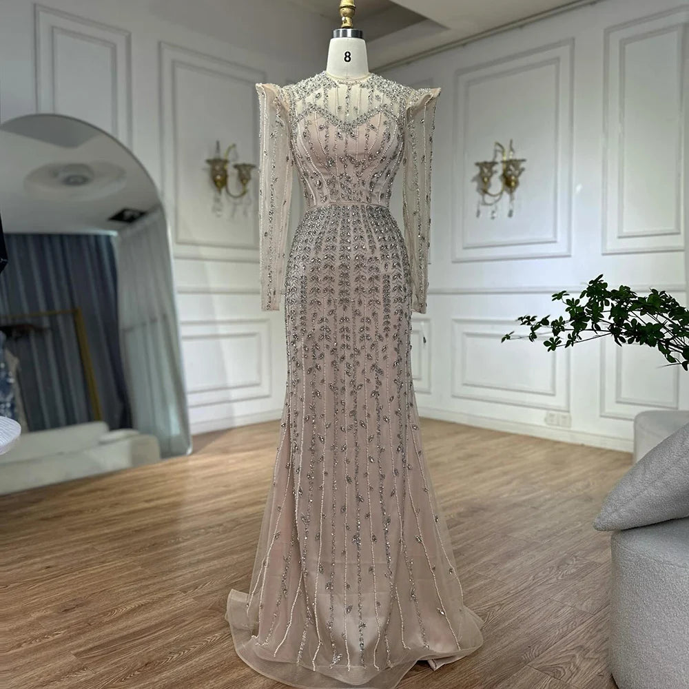 Luxury Dubai Pink Elegant Pearls Beaded Mermaid Evening Dress LA72826 - SERENE HILL
