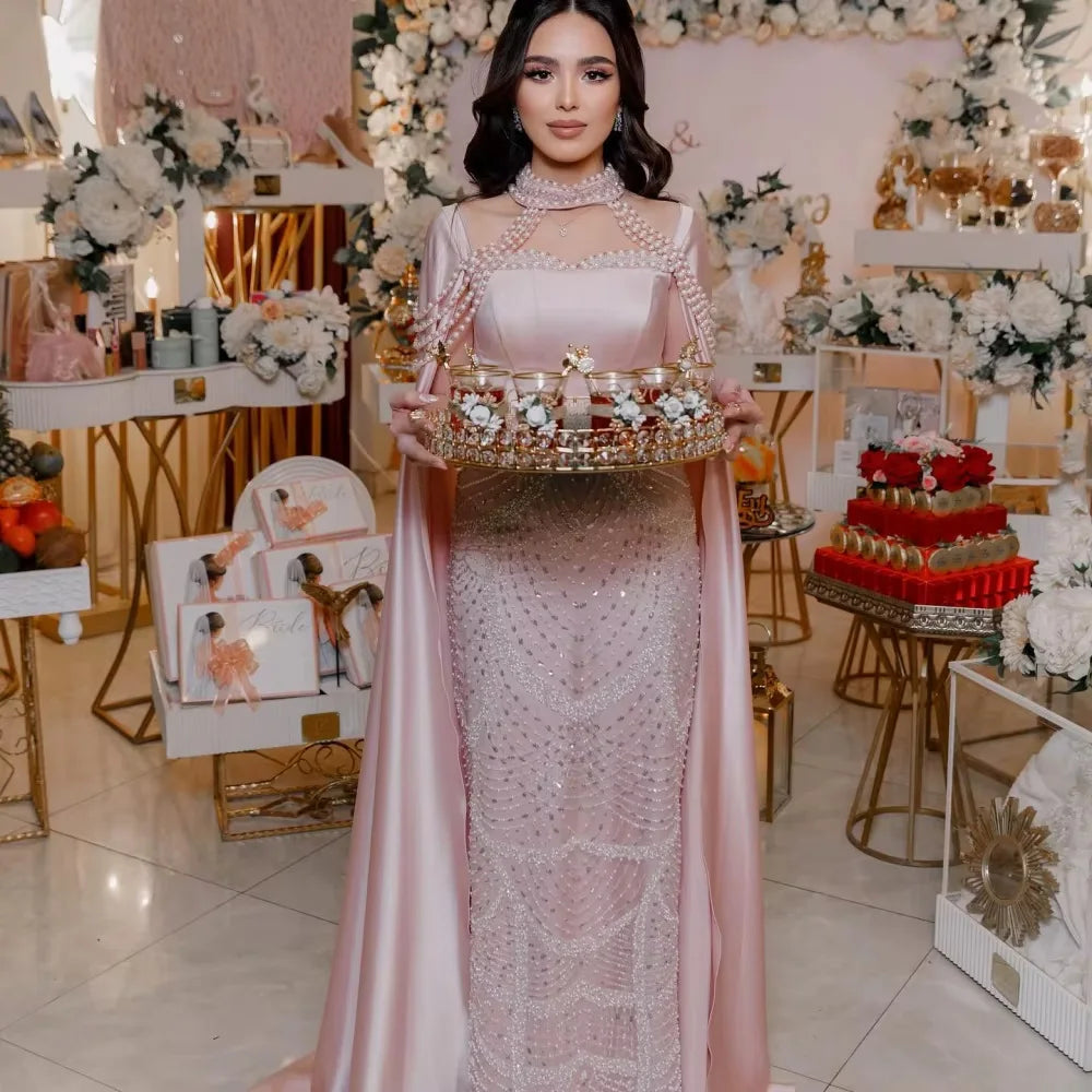 Luxury Arabic Pearls Pink Evening Dress with Cape LA73051 - SERENE HILL