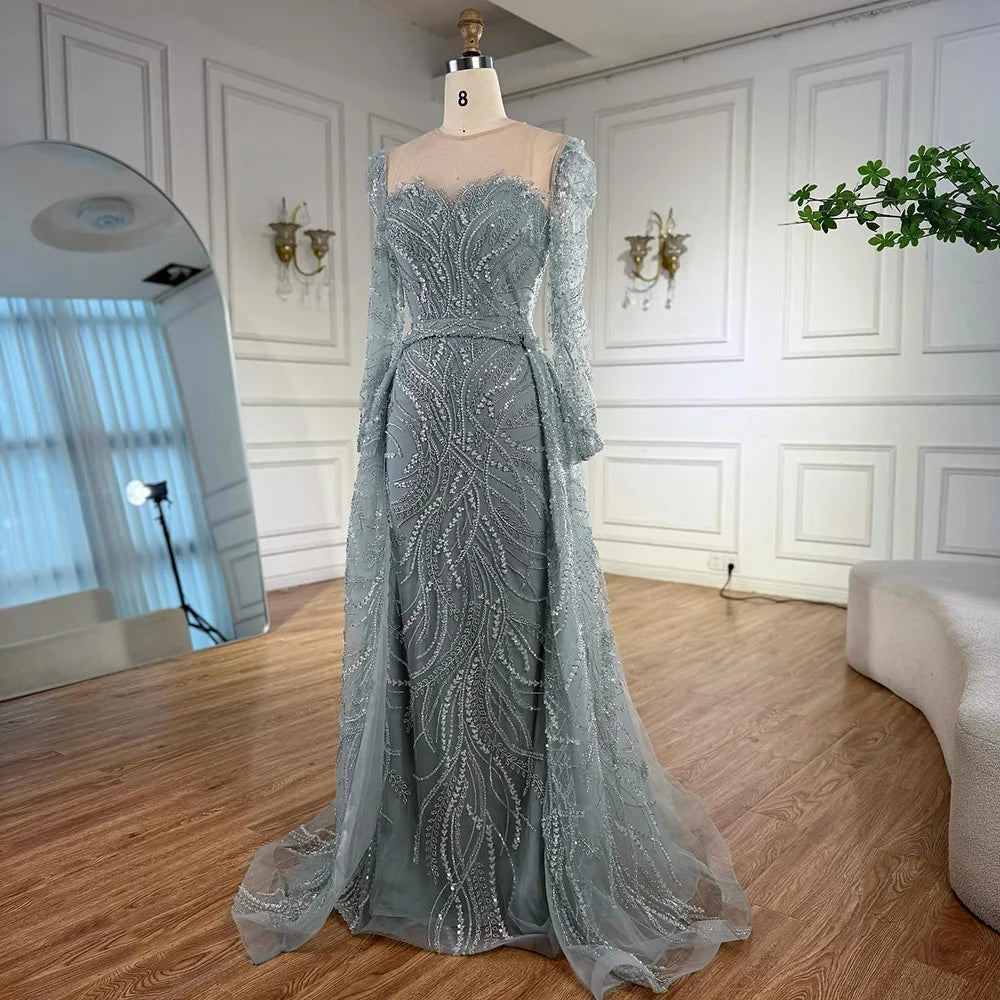 Luxury Sage Green Beaded Evening Dress with Detachable Overskirt LA73066 - SERENE HILL