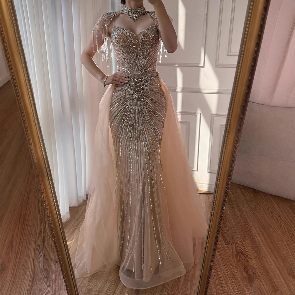 Luxury Nude Beaded Mermaid Evening Dress with Overskirt LA73182 - SERENE HILL