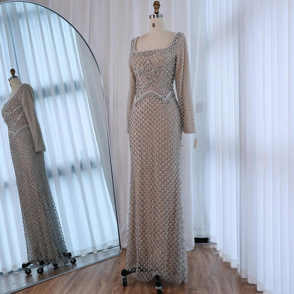Modest Pearl Beaded Mermaid Evening Dress with Long Sleeves LA72919A - SERENE HILL