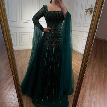 Luxury Green A-LineBeaded Evening Dress with Cape Sleeves LA73089 - SERENE HILL