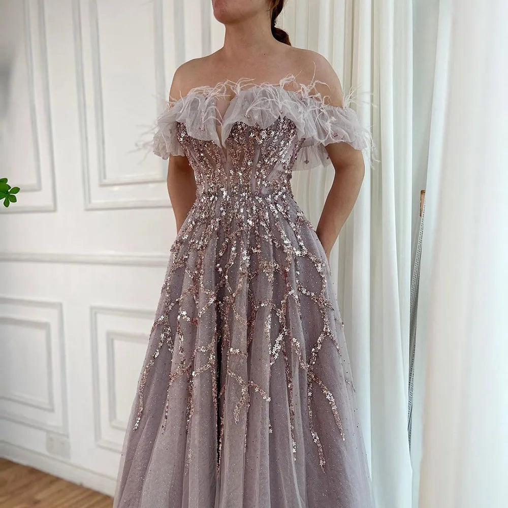 Luxury Turquoise Beaded Feather A Line Evening Dress LA71328 - SERENE HILL