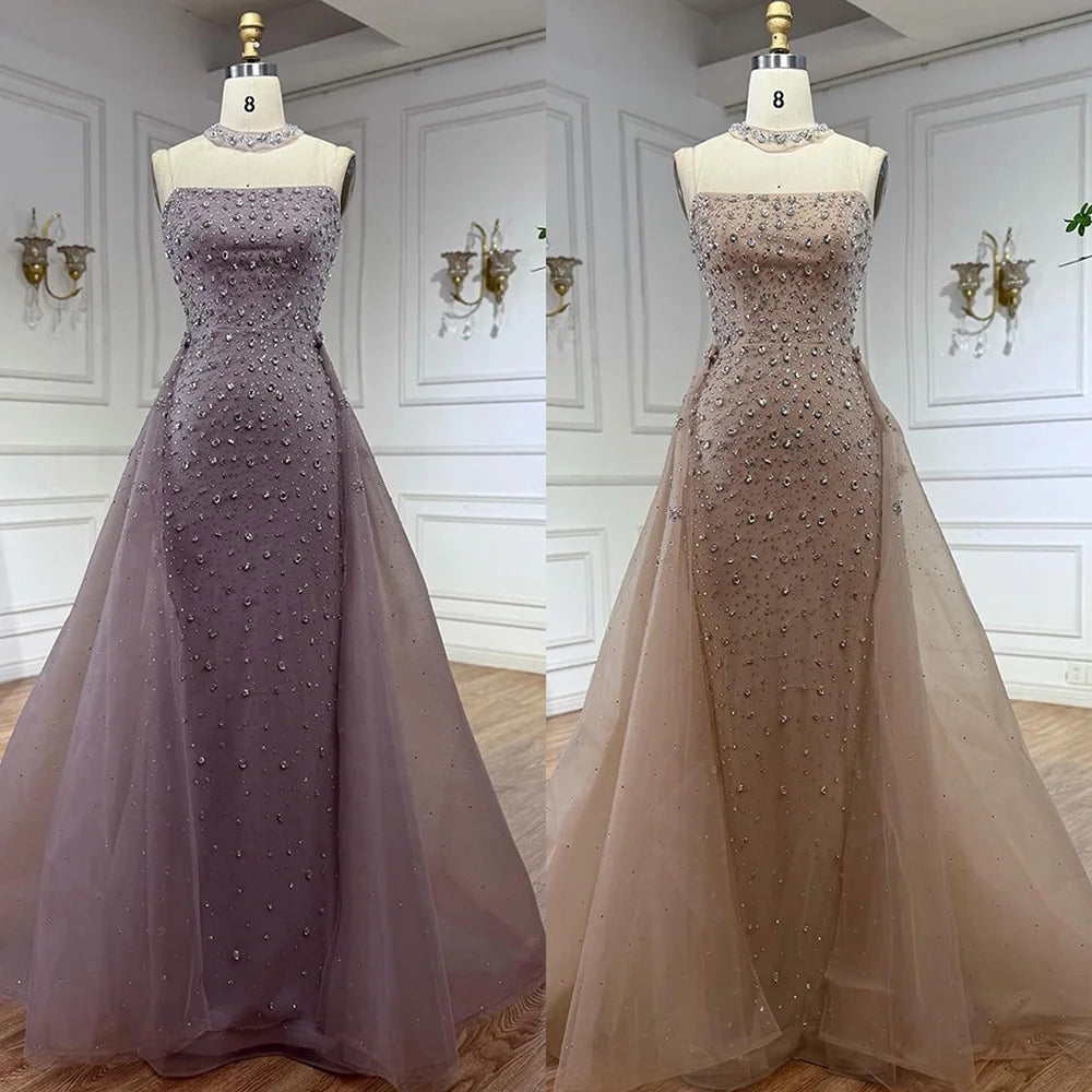 Luxury Arabic Pink Beaded Mermaid Evening Dress with Overskirt LA73084 - SERENE HILL
