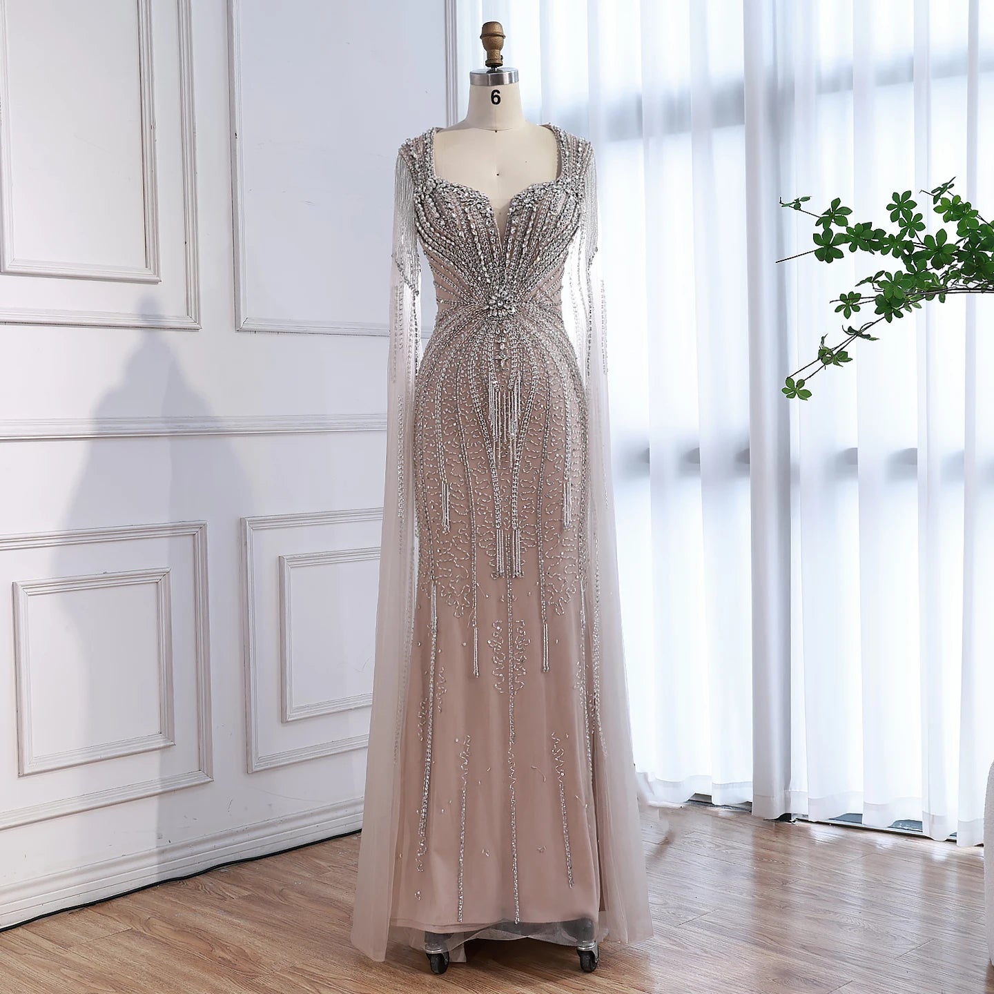Luxury Caramel Beaded Cape Sleeve A-Line Evening Gown with Square Neck SS494