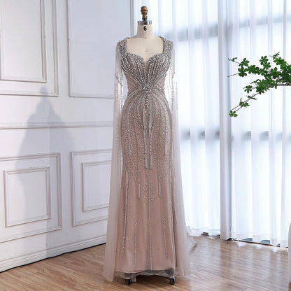 Luxury Caramel Beaded Evening Dress With Cape LA72992A - SERENE HILL