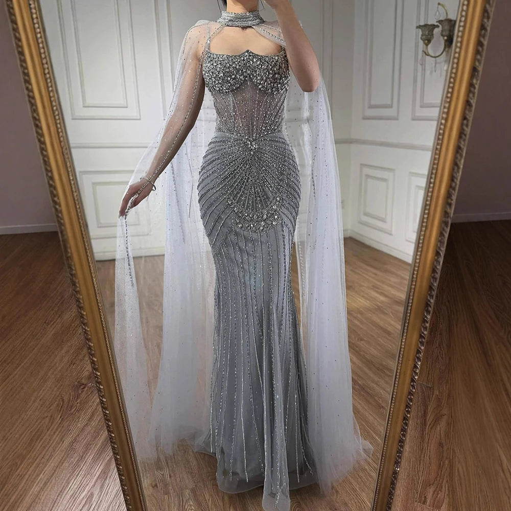 Luxury Turquoise Crystal Beaded Evening Dress with Cape LA73202 - SERENE HILL