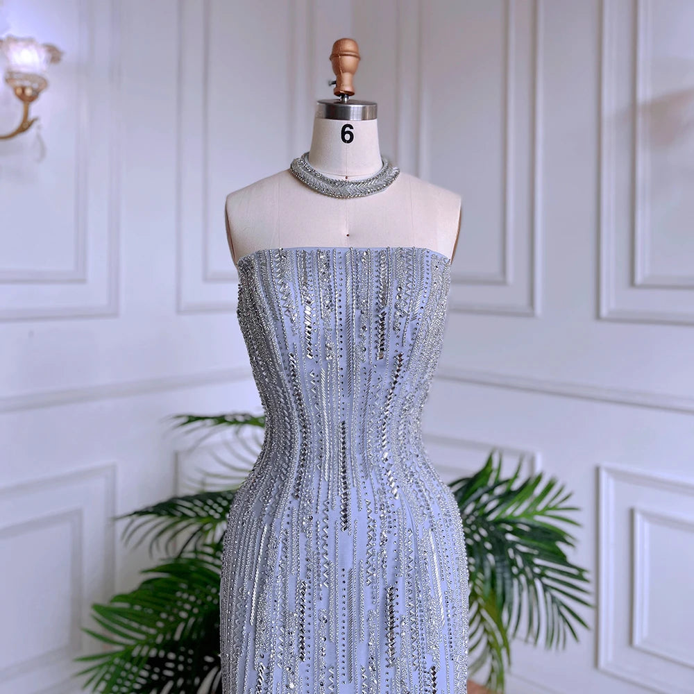 Luxury Dubai Arabic Blue Mermaid Balloon Sleeves Beaded Evening Dresses LA71823 - SERENE  HILL