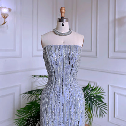 Luxury Dubai Arabic Blue Mermaid Balloon Sleeves Beaded Evening Dresses LA71823 - SERENE  HILL