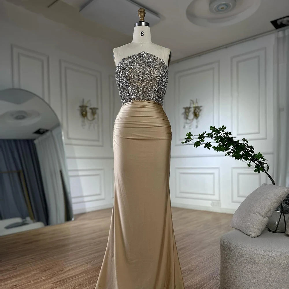 Luxury Dubai Saudi Arabic Gold Elegant Evening Gown Crystal Beaded Dress for Formal Occasion LA72759 - SERENE HILL