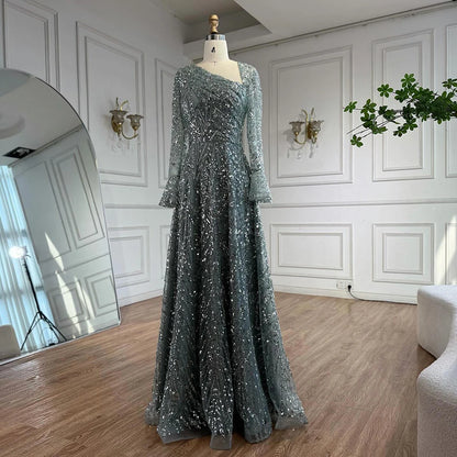 Luxury Turquoise Beaded A-Line Evening Dress with Puffy Sleeves LA73177 - SERENE HILL