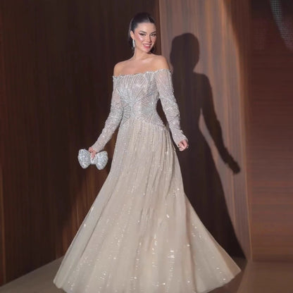Luxury Beige Arabic A-Line Evening Dress 2026 For Wedding Party LA73333 - SERENE HILL