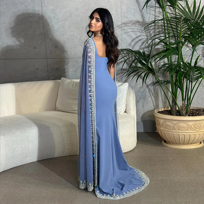 Luxury Blue Mermaid Beaded Evening Dress with Cape Sleeves LA72086 - SERENE HILL