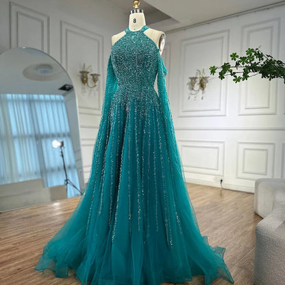 Luxury Turquoise Beaded A Line Evening Dress with Cape Sleeves LA72820 - SERENE HILL