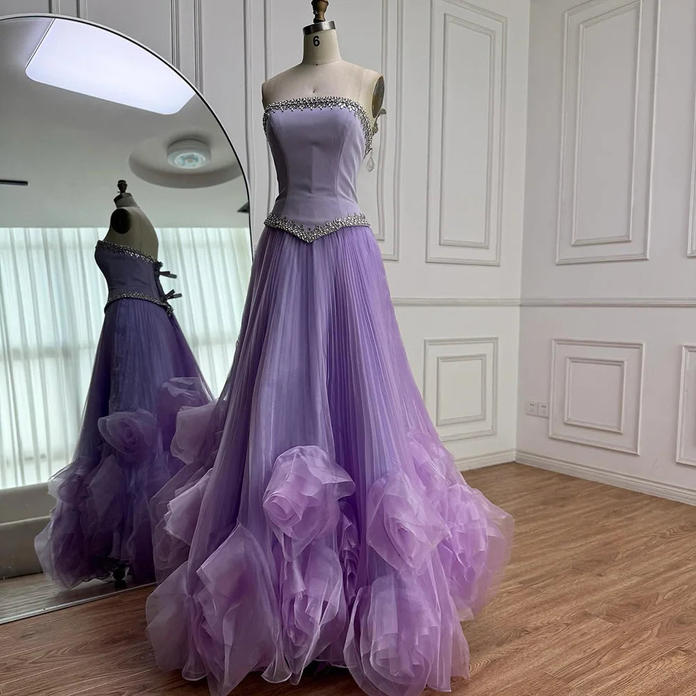 Luxury Lilac Beaded Evening Dress with Floral Train LA72913A - SERENE HILL