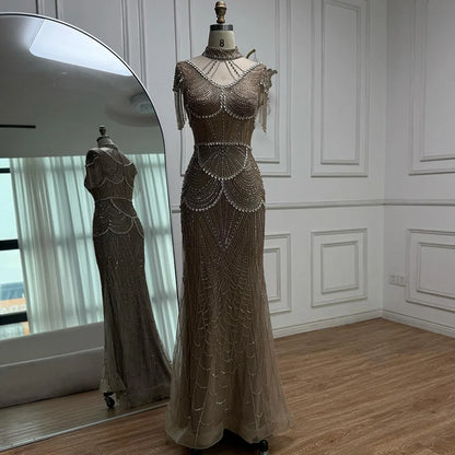Luxury Turquoise High Neck Beaded Tassel Evening Dress for Women LA73112 - SERENE HILL