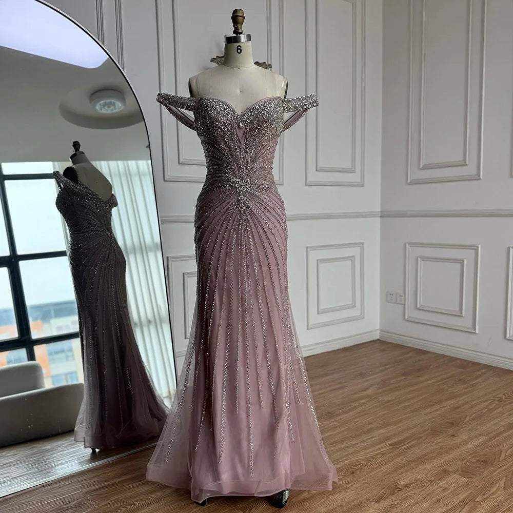 Luxury Nude Arabic Crystal Beaded Mermaid Off Shoulder Evening Dress LA73128 - SERENE HILL