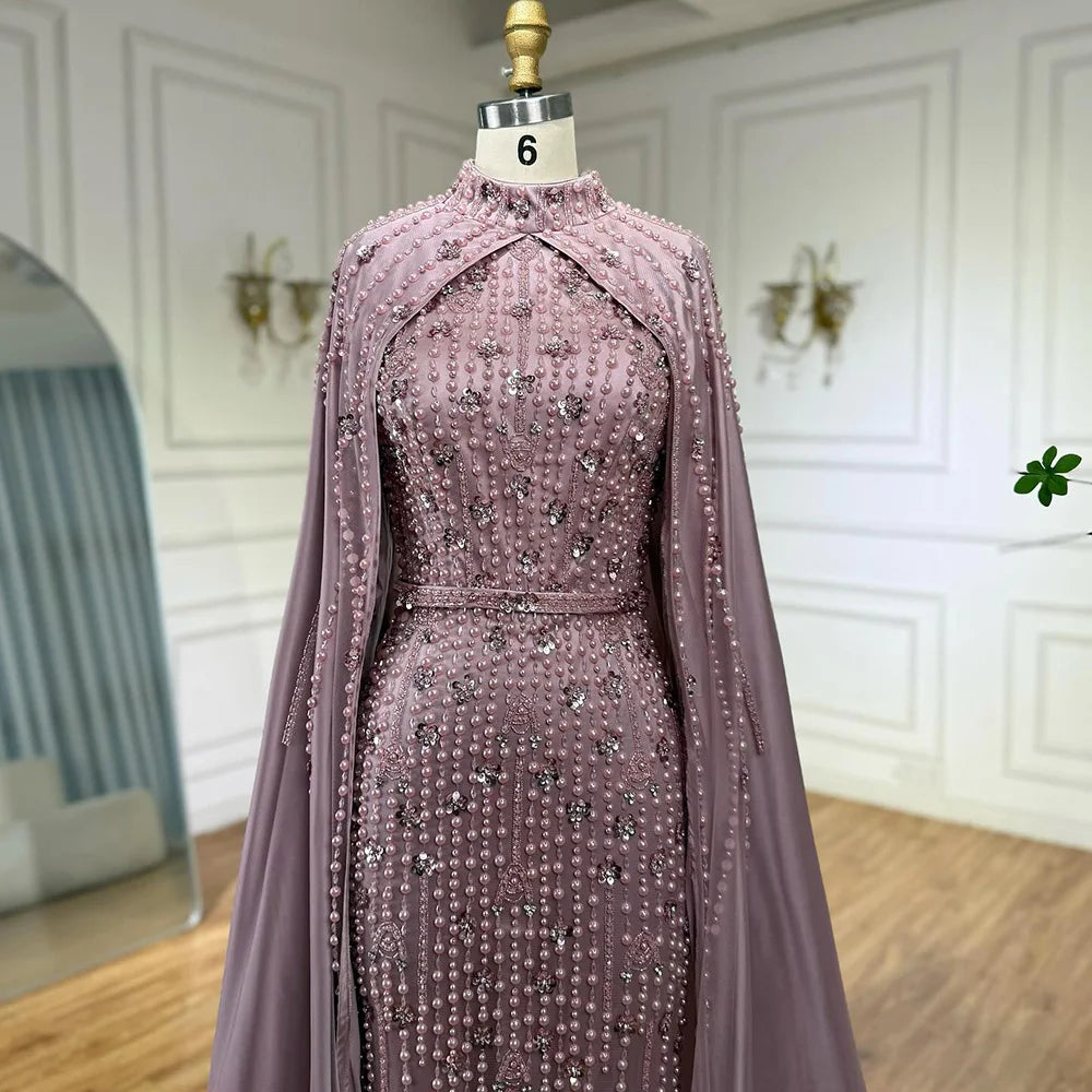 Modest Blue Muslim Beaded Evening Gown with Cape Sleeves LA72533 - SERENE HILL