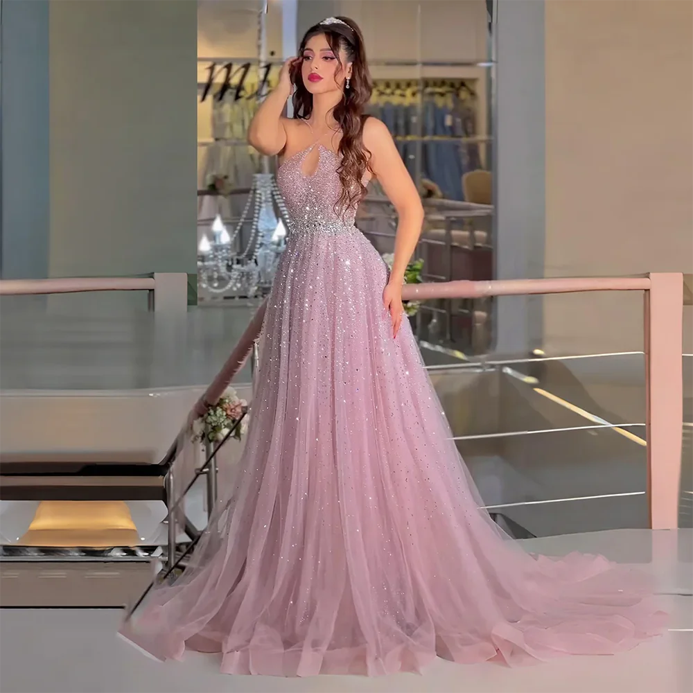 Caramel Halter Beaded Tulle A-Line Evening Gown Dubai Saudi LA72863 - SERENE HILL