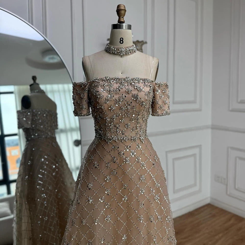 Luxury Nude Sliver Off Shoulder Beaded Crystal A-Line Evening Dress LA73122 - SERENE HILL