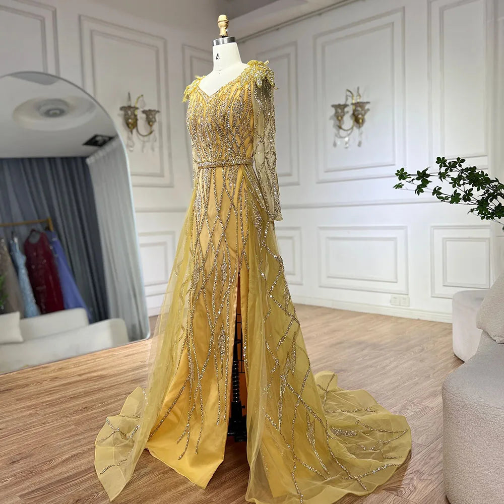 Serene Hill Muslim Gold Mermaid With Overskirt Beaded Luxury Dubai Evening Dresses Gowns 2025 For Women Wedding Party LA72211 - SERENE HILL
