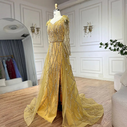 Serene Hill Muslim Gold Mermaid With Overskirt Beaded Luxury Dubai Evening Dresses Gowns 2025 For Women Wedding Party LA72211 - SERENE HILL