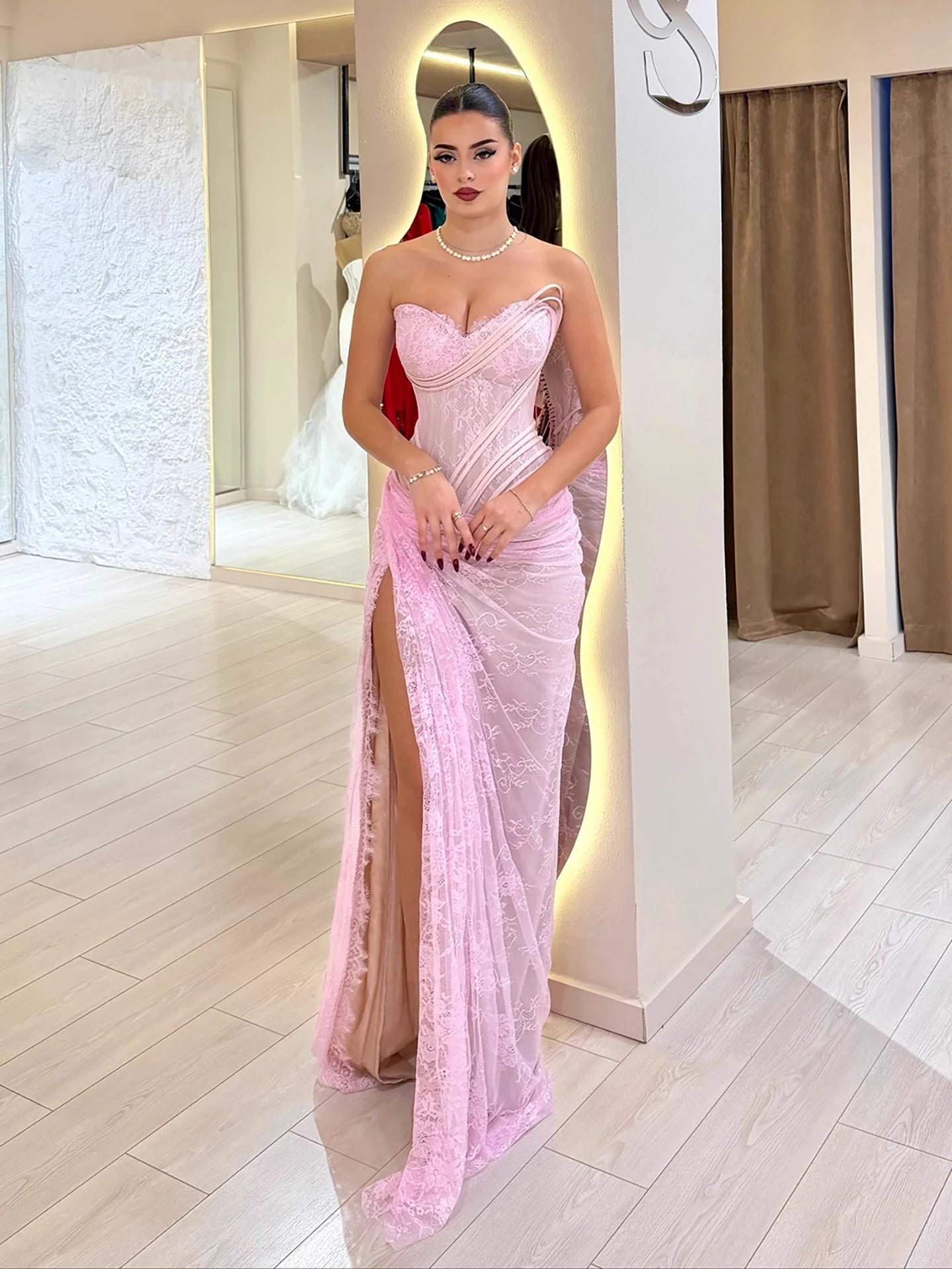 Luxury Pink Saudi Arabic Lace Embroidery Evening Dress LA73373 - SERENE HILL