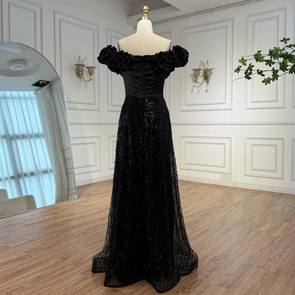 Luxury Black Off Shoulder Sequin Evening Dress with Floral Sleeves LA73096 - SERENE HILL