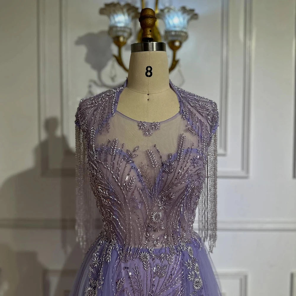 Serene Hill 2025 Arabic lilac Elegant A Line Beaded Tassel Luxury Dubai Evening Dresses Gowns for Woman Wedding Party LA72422 - SERENE HILL