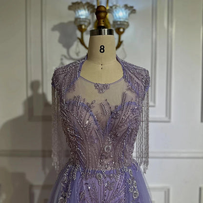 Serene Hill 2025 Arabic lilac Elegant A Line Beaded Tassel Luxury Dubai Evening Dresses Gowns for Woman Wedding Party LA72422 - SERENE HILL