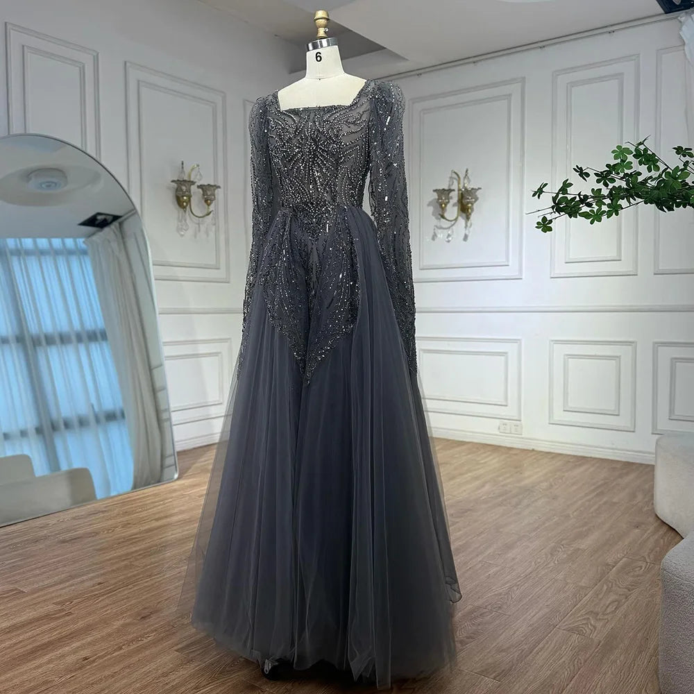 Luxury Gray A Line Beaded Evening Dress for Women LA73088 - SERENE HILL