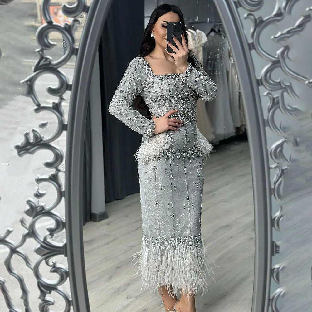 Silver Gray Mermaid Tea Length Evening Dress with Feathers LA71669L - SERENE HILL