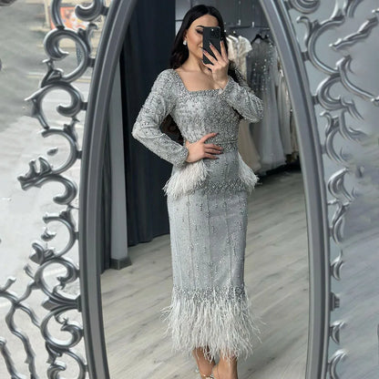 Silver Gray Mermaid Tea Length Evening Dress with Feathers LA71669L - SERENE HILL
