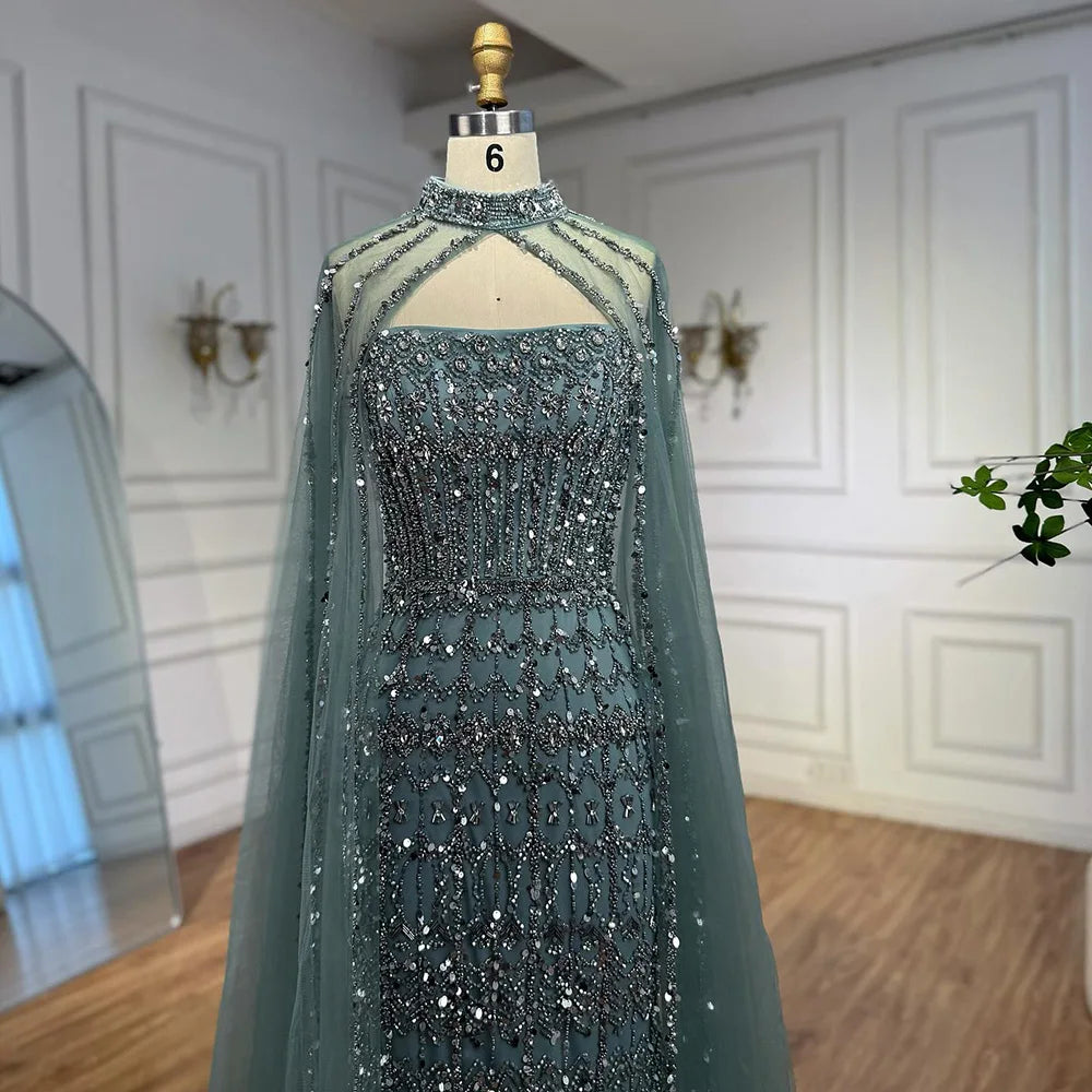 Luxury Turquoise Beaded Evening Dress with Detachable Cape LA72714B - SERENE HILL