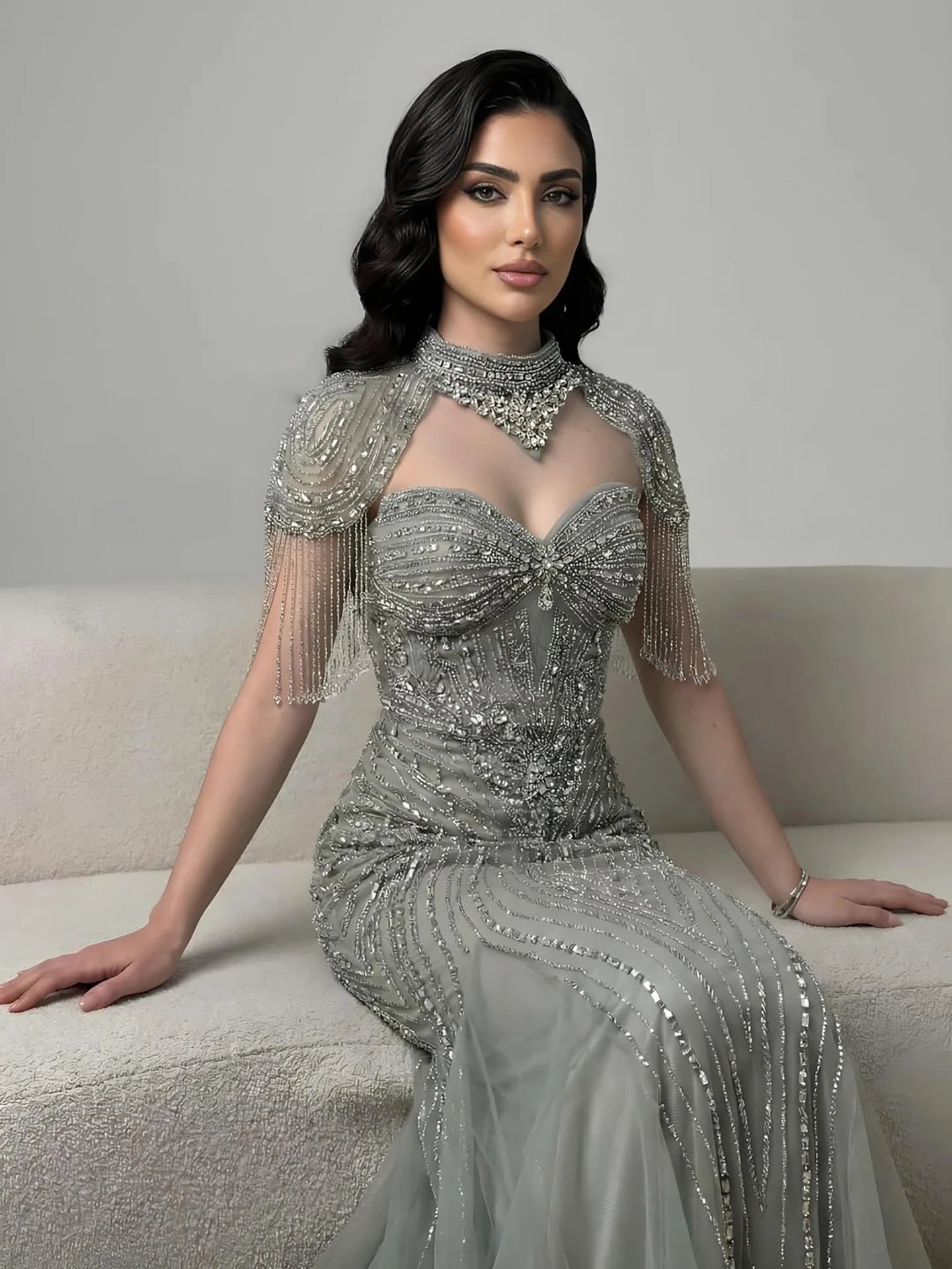 Luxury Nude Beaded High Neck Mermaid Evening Dress LA72897 - SERENE HILL