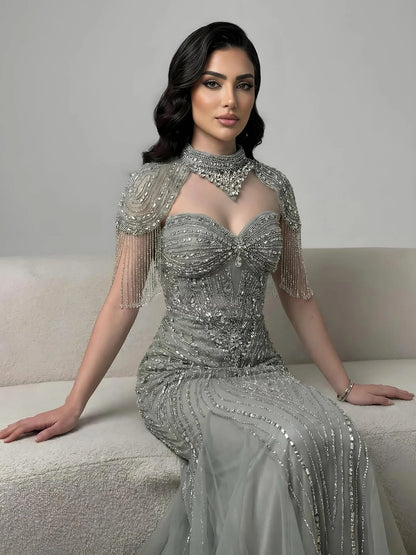 Luxury Nude Beaded High Neck Mermaid Evening Dress LA72897 - SERENE HILL