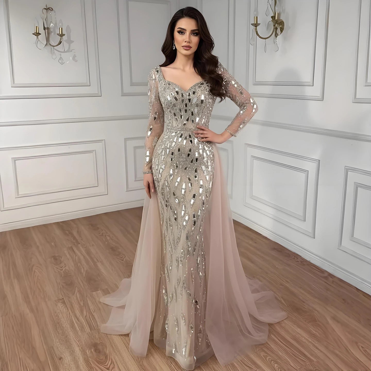 Luxury Arabic Nude Long Sleeve Mermaid Evening Dress LA73113A - SERENE HILL