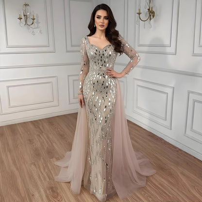 Luxury Arabic Nude Long Sleeve Mermaid Evening Dress LA73113A - SERENE HILL