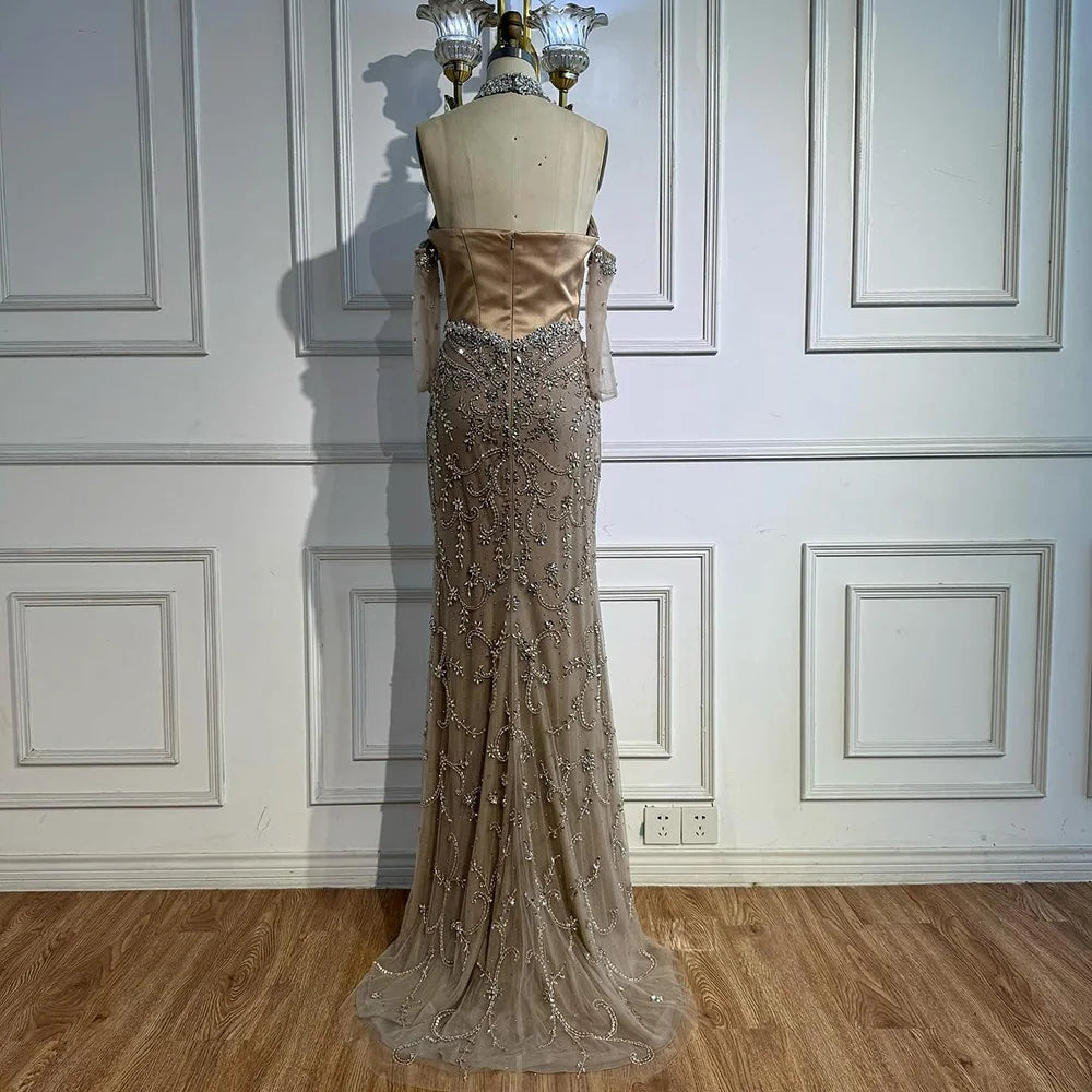 Luxury Deigner Caramel Beaded Evening Dress with Gloves Serene Hill LA72929A - SERENE HILL