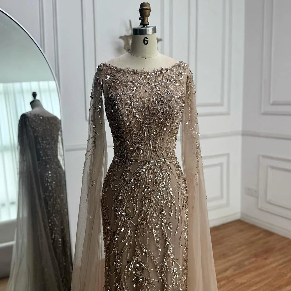 Luxury Caramel Beaded Evening Dress with Cape Sleeves LA73078 - SERENE HILL