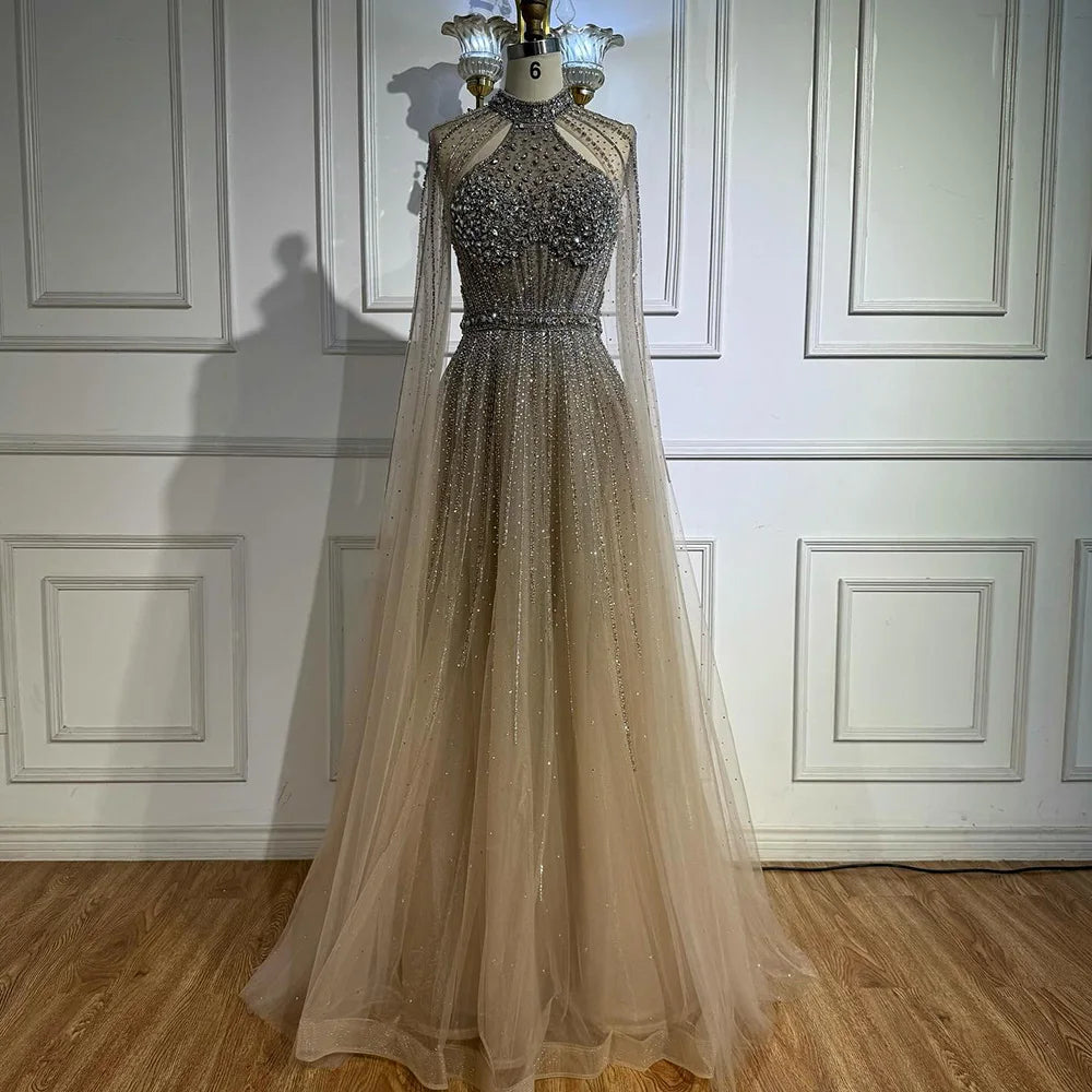 Luxury Beaded A-Line Evening Dress with Cape Sleeves LA73054 - SERENE HILL