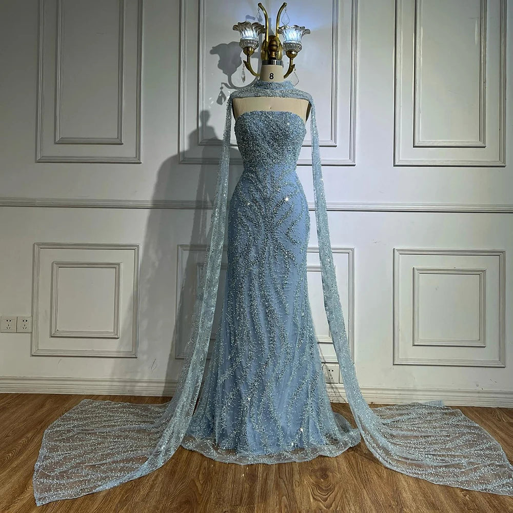 Luxury Nude Beaded Evening Dress with Cape Sleeves LA72824 - SERENE HILL