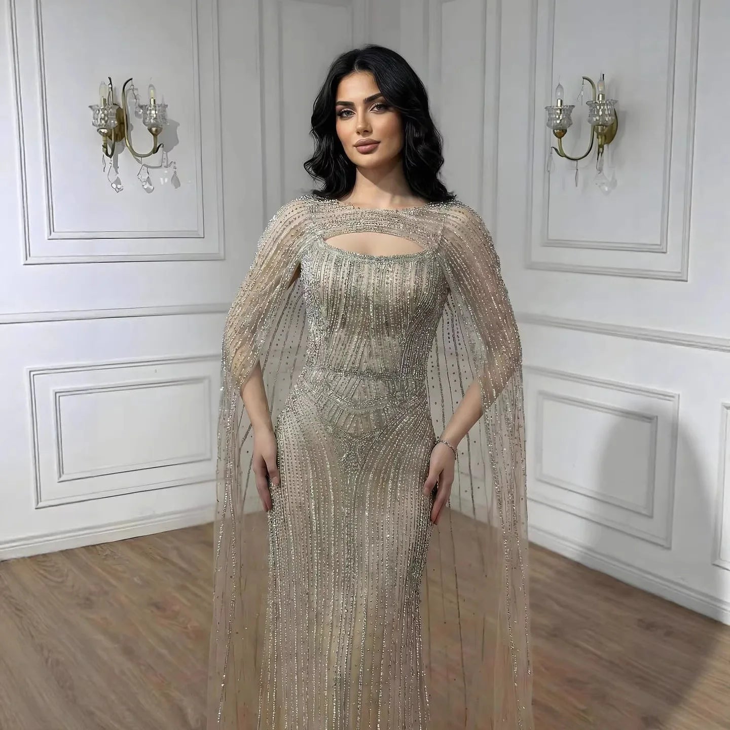 Luxury Blue Diamond Evening Dress With Cape LA73426 - SERENE HILL