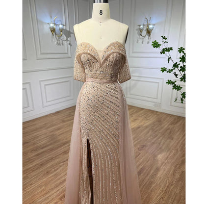 Serene Hill Nude Mermaid Elegant With Overskirt Off Shoulder Beaded Split Evening Dresses Gowns For Woman Party 2024 LA71728 - SERENE HILL