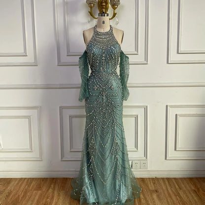Luxury Turquoise Halter Mermaid Evening Dress LA72980 - SERENE HILL