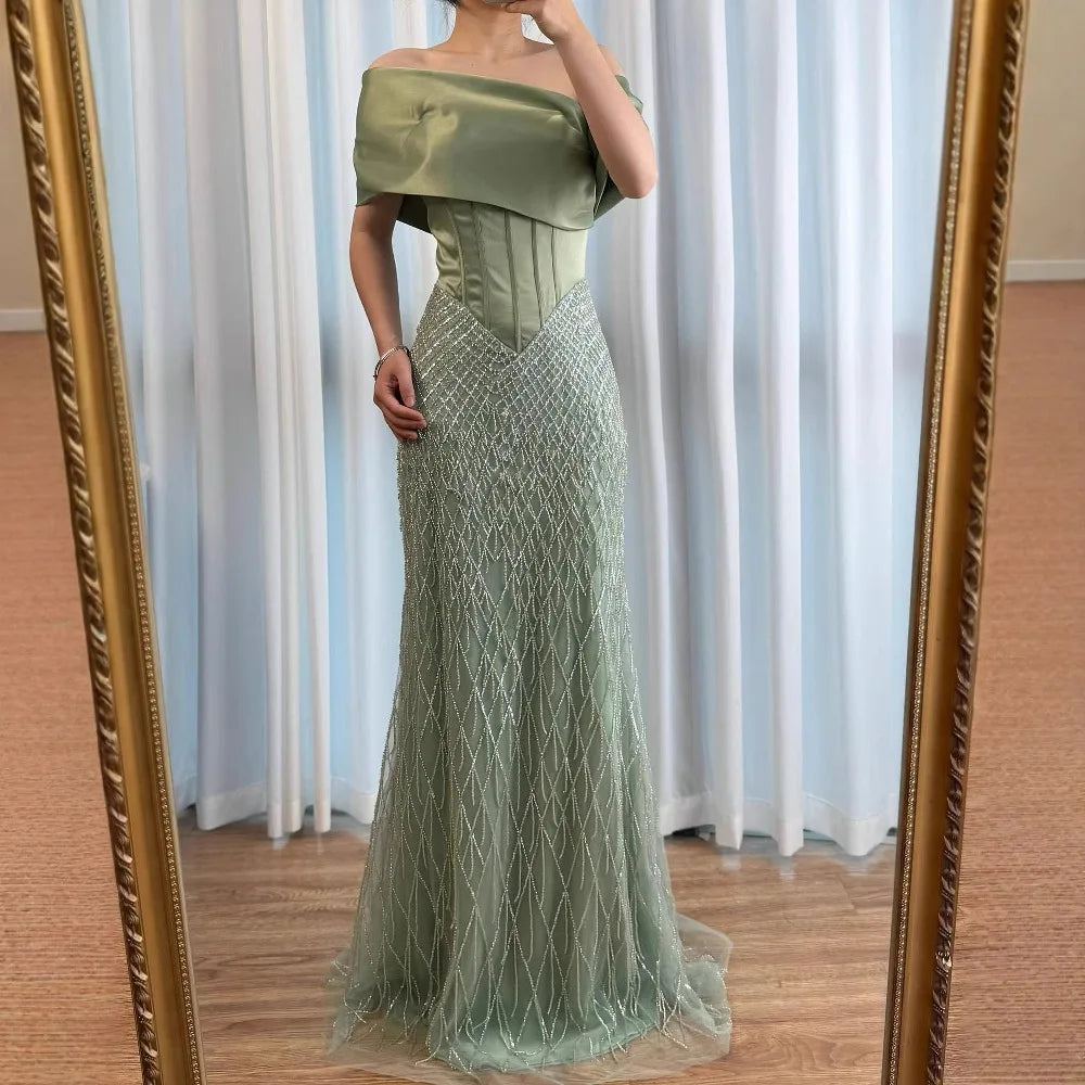 Sage Green Off Shoulder Tassel Beaded Mermaid Evening Dress LA73037 - SERENE HILL