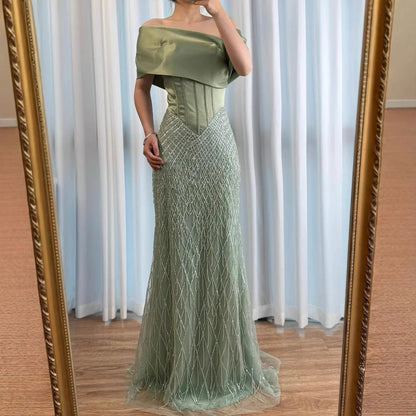 Sage Green Off Shoulder Tassel Beaded Mermaid Evening Dress LA73037 - SERENE HILL