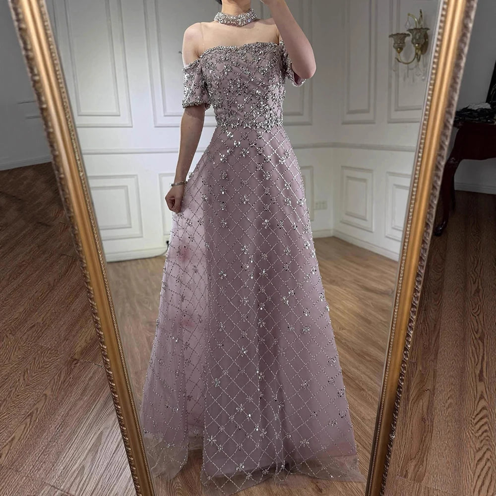 Luxury Nude Sliver Off Shoulder Beaded Crystal A-Line Evening Dress LA73122 - SERENE HILL