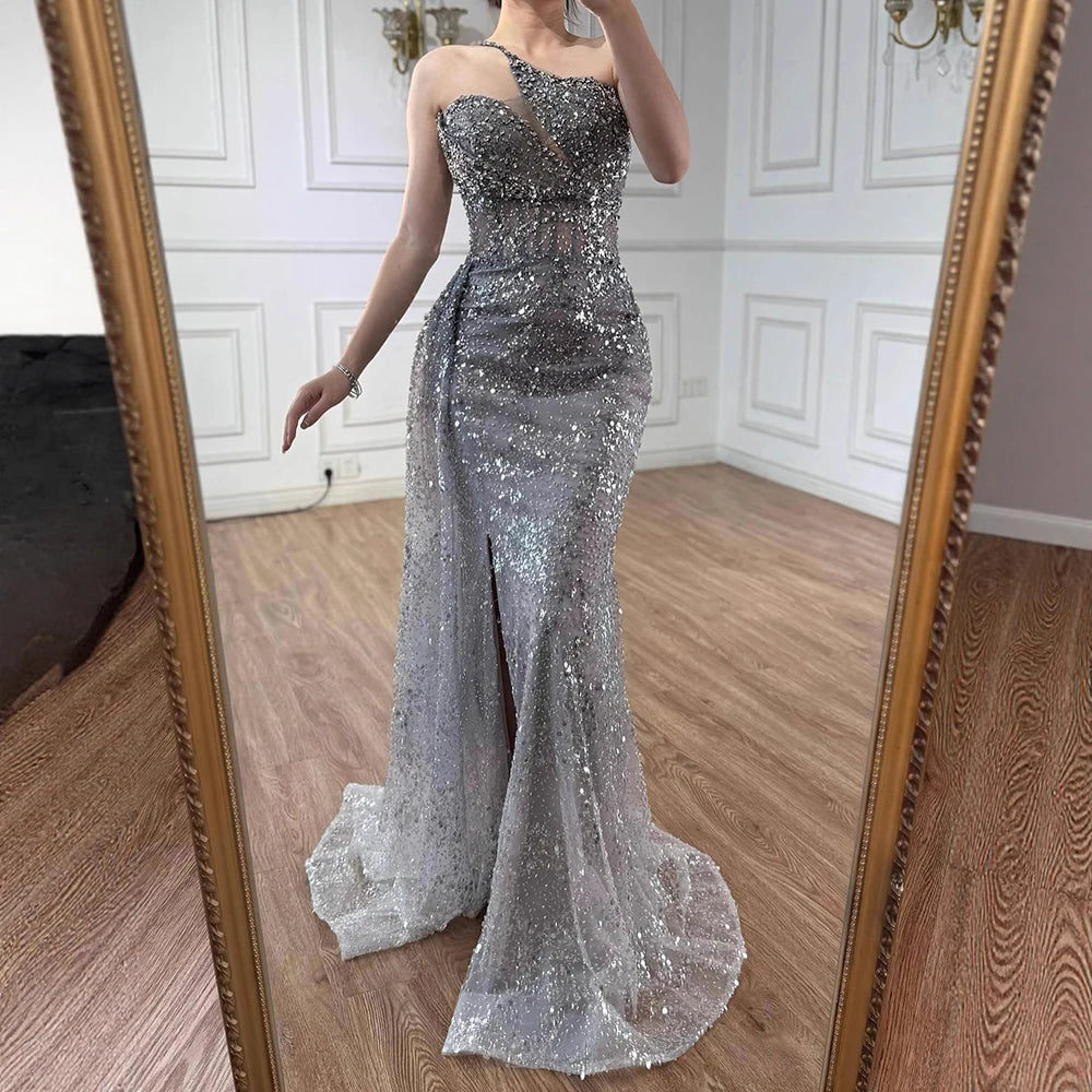 Luxury Silver Gray Crystal Beaded One Shoulder Evening Dress with Overskirt LA73160 - SERENE HILL